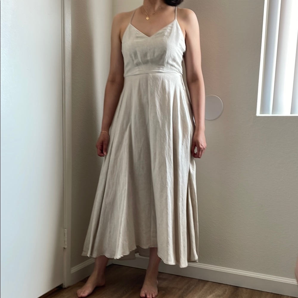 Tan Pleated Midi Sundress for Wedding Guest
